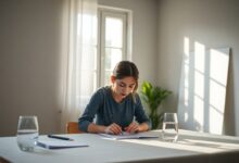 Uma pessoa focada trabalhando em uma mesa organizada, com luz natural entrando pela janela, simbolizando clareza mental e concentração.