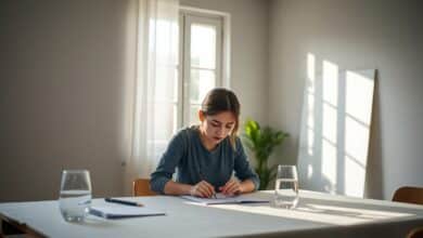 Uma pessoa focada trabalhando em uma mesa organizada, com luz natural entrando pela janela, simbolizando clareza mental e concentração.