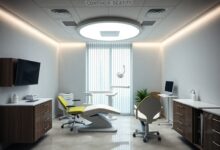 Um consultório odontológico moderno e bem iluminado, com uma cadeira de dentista e equipamentos de última geração, simbolizando a carreira de sucesso na odontologia.