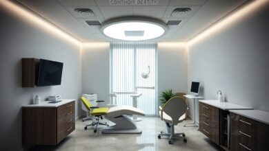 Um consultório odontológico moderno e bem iluminado, com uma cadeira de dentista e equipamentos de última geração, simbolizando a carreira de sucesso na odontologia.