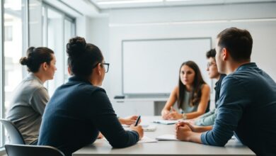 Uma pessoa ensinando um grupo de alunos atentos em um ambiente de aprendizado moderno e inspirador