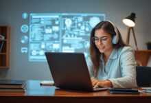 Uma pessoa jovem em um ambiente moderno de escritório usando notebook e aprendendo sobre tecnologia, com elementos digitais ao redor, transmitindo entusiasmo e início de carreira em TI