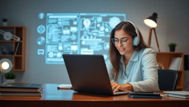 Uma pessoa jovem em um ambiente moderno de escritório usando notebook e aprendendo sobre tecnologia, com elementos digitais ao redor, transmitindo entusiasmo e início de carreira em TI