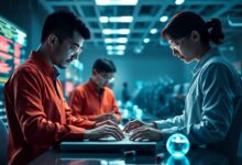 Equipe de profissionais trabalhando com gráficos virtuais, rodeados por elementos visuais de inteligência artificial