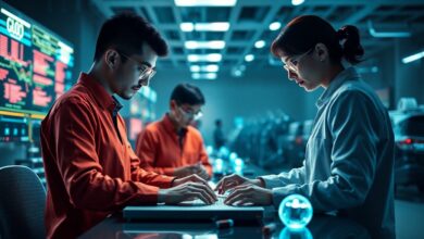 Equipe de profissionais trabalhando com gráficos virtuais, rodeados por elementos visuais de inteligência artificial