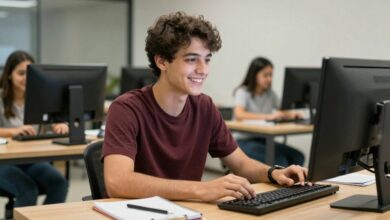Jovem universitário(a) sorrindo enquanto trabalha em um escritório moderno como estagiário(a), com computador e anotações ao redor