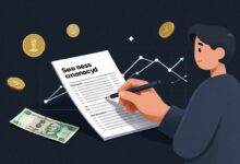 Ilustração de uma pessoa feliz revisando suas finanças com uma planilha, ao redor de elementos como moedas, notas e gráficos de despesas mensais
