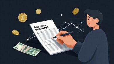 Ilustração de uma pessoa feliz revisando suas finanças com uma planilha, ao redor de elementos como moedas, notas e gráficos de despesas mensais