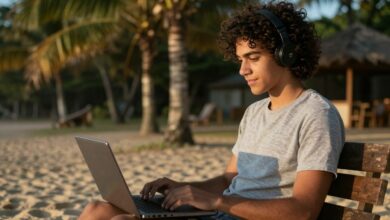 Jovem profissional com laptop trabalhando em praia exótica ao entardecer, representando liberdade de trabalhar viajando