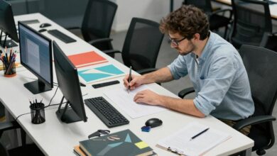 Profissional trabalhando em ambiente criativo e moderno rodeado de materiais de arte e tecnologia