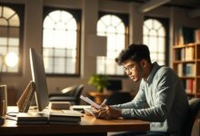 Estudante universitário trabalhando durante o dia em um escritório iluminado, com livros e computador ao fundo