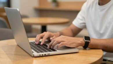 Pessoa moderna trabalhando com notebook em um café descontraído, representando a flexibilidade dos empregos com jornada flexível.