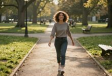 Pessoa caminhando em um parque verde ao nascer do sol, transmitindo energia e bem-estar.