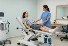 Profissional de fisioterapia atendendo paciente em clínica moderna, equipamentos de reabilitação em destaque, ambiente acolhedor e tecnológico.