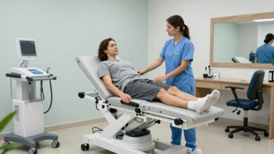 Profissional de fisioterapia atendendo paciente em clínica moderna, equipamentos de reabilitação em destaque, ambiente acolhedor e tecnológico.
