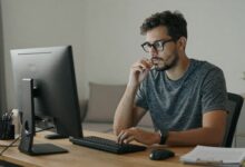 Profissional brasileiro em casa, trabalhando remotamente para uma empresa internacional, com computador e elementos que mostram conexão global
