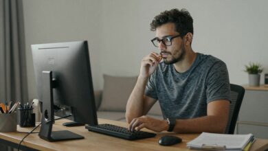 Profissional brasileiro em casa, trabalhando remotamente para uma empresa internacional, com computador e elementos que mostram conexão global