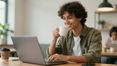 Jovem sorridente trabalhando com laptop e café em um ambiente moderno, representando satisfação com empregos de meio período