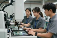 Capa mostrando jovens profissionais trabalhando em uma fábrica moderna com máquinas automatizadas, transmitindo dinamismo e inovação
