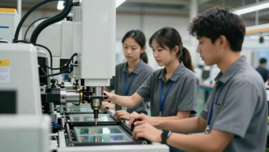 Capa mostrando jovens profissionais trabalhando em uma fábrica moderna com máquinas automatizadas, transmitindo dinamismo e inovação