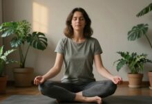 Pessoa relaxando em ambiente tranquilo, sentada em posição de meditação com expressão de alívio, rodeada por plantas e luz suave