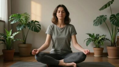 Pessoa relaxando em ambiente tranquilo, sentada em posição de meditação com expressão de alívio, rodeada por plantas e luz suave