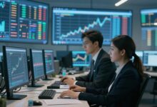 Setor financeiro moderno com profissionais analisando gráficos e dados financeiros digitais.
