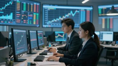 Setor financeiro moderno com profissionais analisando gráficos e dados financeiros digitais.