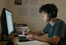Capa mostrando um roteirista iniciante escrevendo em seu computador, cercado de livros e materiais de inspiração, atmosfera criativa e luz suave