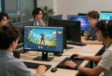 Capa representando diferentes profissionais trabalhando no desenvolvimento de jogos digitais, incluindo programadores, designers e artistas interagindo diante de computadores com telas cheias de gráficos de jogos