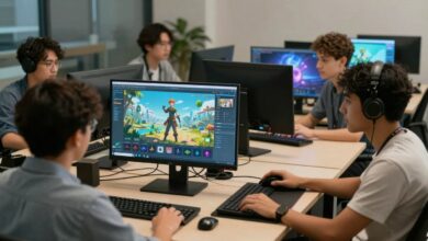 Capa representando diferentes profissionais trabalhando no desenvolvimento de jogos digitais, incluindo programadores, designers e artistas interagindo diante de computadores com telas cheias de gráficos de jogos