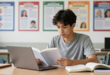 Estudante universitário sentado diante de uma escrivaninha organizada, lendo livros e digitando no notebook, com pôsteres motivacionais no fundo