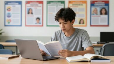 Estudante universitário sentado diante de uma escrivaninha organizada, lendo livros e digitando no notebook, com pôsteres motivacionais no fundo