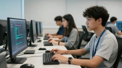 Jovens profissionais trabalhando com computadores, códigos e dispositivos tecnológicos modernos em um escritório inovador