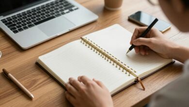 Pessoa organizando tarefas do dia com agenda e notebook em um ambiente de trabalho inspirador
