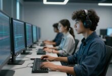 Jovens profissionais trabalhando em um centro de operações de segurança digital moderno
