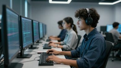 Jovens profissionais trabalhando em um centro de operações de segurança digital moderno