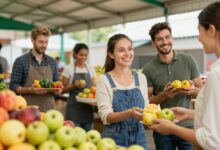 Homens e mulheres trabalhando juntos em diferentes empregos sazonais, como hotelaria, colheita de frutas e atendimento ao cliente, com clima alegre e ambiente dinâmico