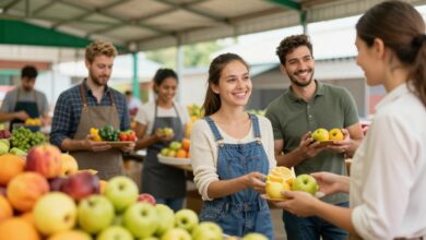 Homens e mulheres trabalhando juntos em diferentes empregos sazonais, como hotelaria, colheita de frutas e atendimento ao cliente, com clima alegre e ambiente dinâmico
