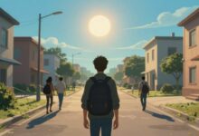 Uma pessoa em uma encruzilhada de caminhos de carreira, olhando para um horizonte ensolarado que simboliza um futuro profissional promissor e feliz.