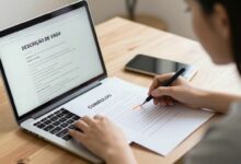 Uma pessoa profissional analisando uma descrição de vaga em um laptop ao lado de um currículo impresso, destacando palavras-chave com um marcador.