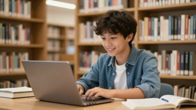Um jovem estudante universitário sorrindo, sentado em uma biblioteca moderna com um laptop, equilibrando com sucesso seus estudos e um trabalho de meio período.