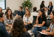 Um grupo diversificado de profissionais conversando e sorrindo em um evento de networking moderno e iluminado.