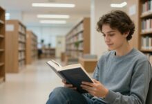Uma pessoa de idade indeterminada sentada em uma biblioteca moderna e iluminada, lendo um livro com uma expressão de foco e curiosidade, simbolizando o aprendizado autodidata.