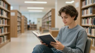 Uma pessoa de idade indeterminada sentada em uma biblioteca moderna e iluminada, lendo um livro com uma expressão de foco e curiosidade, simbolizando o aprendizado autodidata.