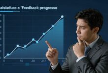 Uma pessoa de negócios analisando um gráfico de crescimento com uma expressão pensativa, simbolizando a transformação de feedback negativo em progresso.