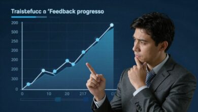 Uma pessoa de negócios analisando um gráfico de crescimento com uma expressão pensativa, simbolizando a transformação de feedback negativo em progresso.