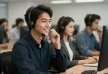 Pessoa sorridente em um call center movimentado, usando headset e interagindo animadamente ao telefone com colegas ao fundo