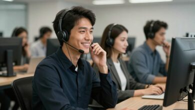 Pessoa sorridente em um call center movimentado, usando headset e interagindo animadamente ao telefone com colegas ao fundo