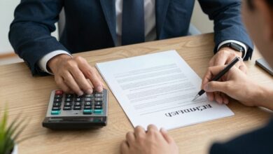 Uma pessoa em uma mesa de escritório com uma calculadora, analisando dois contratos de trabalho, um de emprego direto e outro de emprego terceirizado, simbolizando a decisão financeira.